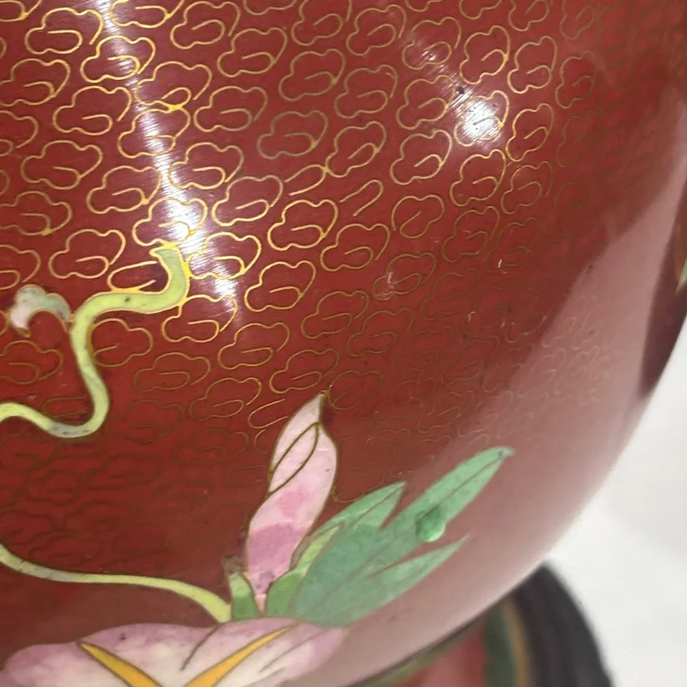 Pair of Vintage Chinese Cloisonné Vases – Red Floral Enamel Brass – 11” Tall w/ - Picture 5 of 15